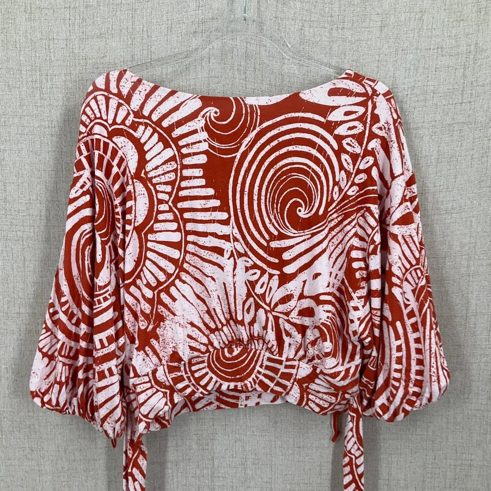 Anthropologie Wrap Top Women XL Red White Jersey Batik Puff Sleeve Boho Cropped